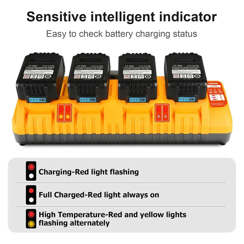 Amityke DCB104 Replacement for Dewalt Multi-Battery Charger Station 4-Port Efficient Charging 12V 20V Batteries Dual USB Ports LED Indicator Portable Power Tool Accessories