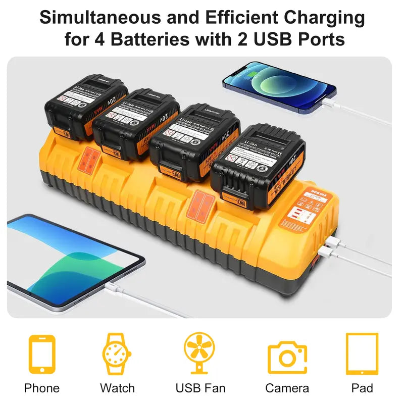 Amityke DCB104 Replacement for Dewalt Multi-Battery Charger Station 4-Port Efficient Charging 12V 20V Batteries Dual USB Ports LED Indicator Portable Power Tool Accessories